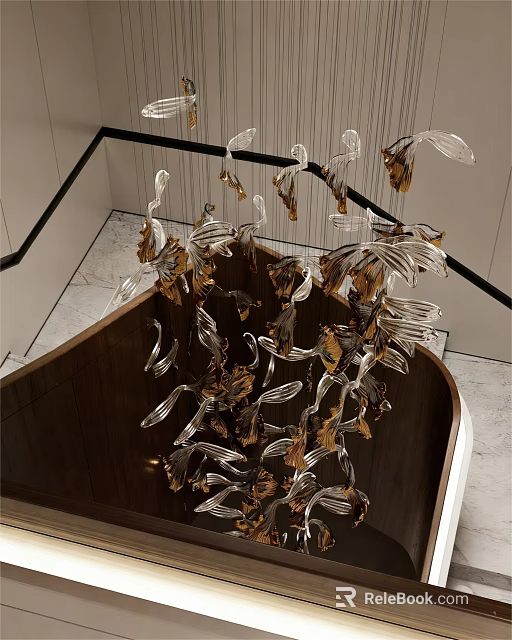Modern Glass And Gold Leaf Shaped Decorative Hanging Chandelier With Unique Design 3d model 