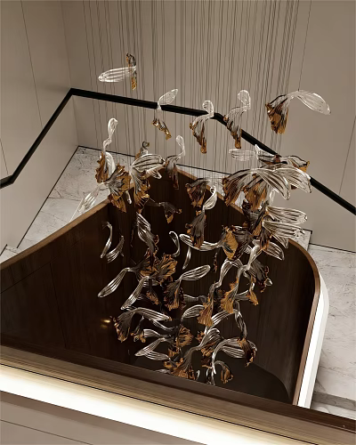 Modern Glass And Gold Leaf Shaped Decorative Hanging Chandelier With Unique Design 3d model