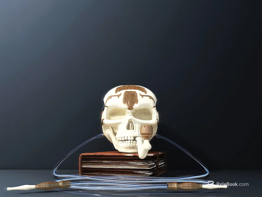 Decorative Ornament Set Featuring Skull Figurine Stacked Books Blue Ropes And Brown Accents 3d model 