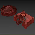 Ancient Tribal Towers With Red Roofs Wooden Stone Structure Circular Square Shape And Stairs