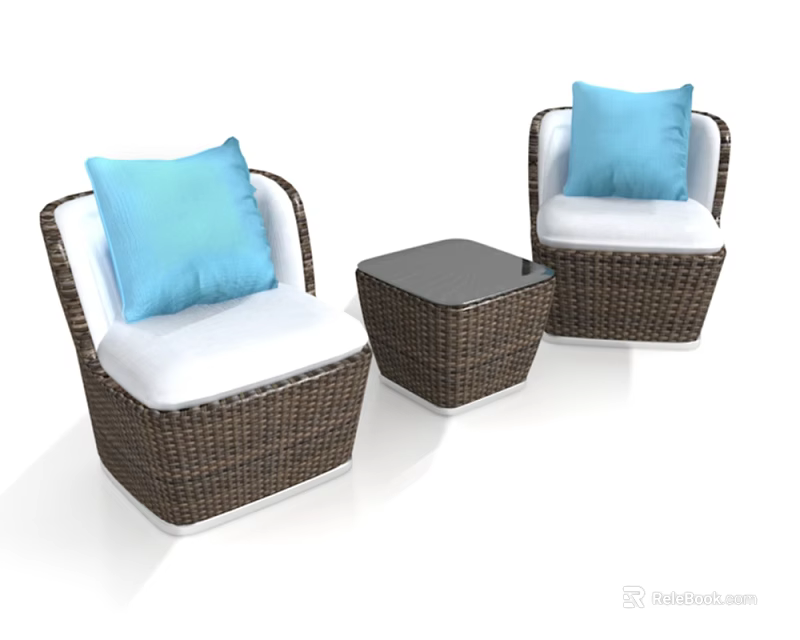 Two Rattan Single Sofas With White Cushions Blue Pillows And Small Coffee Table 3d model 