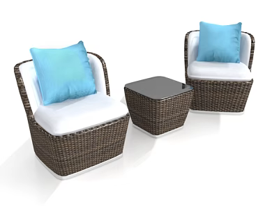 Two Rattan Single Sofas With White Cushions Blue Pillows And Small Coffee Table 3d model