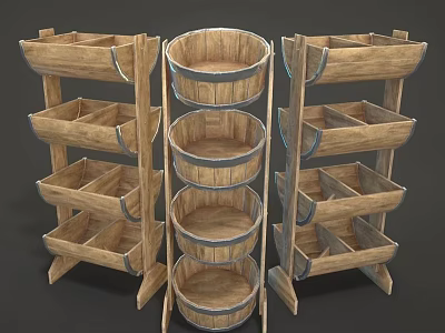 Wooden Storage Racks With Multiple Layers Round Baskets And Square Compartments 3d model