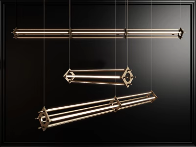 Three Modern Long Metal Chandeliers With Geometric Design Hanging In Black Background 3d model