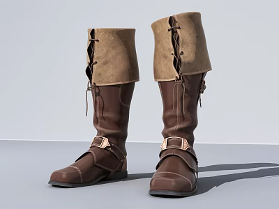 Brown Leather Knee High Boots With Suede Cuff Laces And Buckle Details 3d model