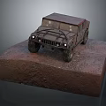 Rugged Off Road Vehicle Model On Muddy Rock Platform With Worn Exterior