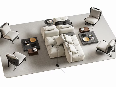 Modern Beige Sectional Sofa And Coffee Table Set With Accent Chairs In Living Room 3d model