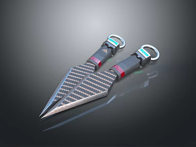 Two Black And Silver Textured Daggers With Sharp Blades And Blue Red Accent Handles 3d model