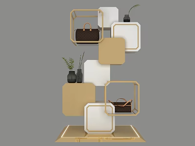 Geometric Display Shelf In White And Beige With Handbags And Small Plants Modern Design 3d model