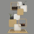 Geometric Display Shelf In White And Beige With Handbags And Small Plants Modern Design