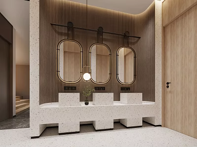Public Restroom Interior With Three Washbasins Oval Mirrors And Pendant Light On Wooden Walls 3d model