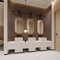 Public Restroom Interior With Three Washbasins Oval Mirrors And Pendant Light On Wooden Walls
