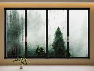 Rainy Window View With Misty Trees And Small Potted Plant On Windowsill 3d model