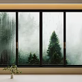 Rainy Window View With Misty Trees And Small Potted Plant On Windowsill