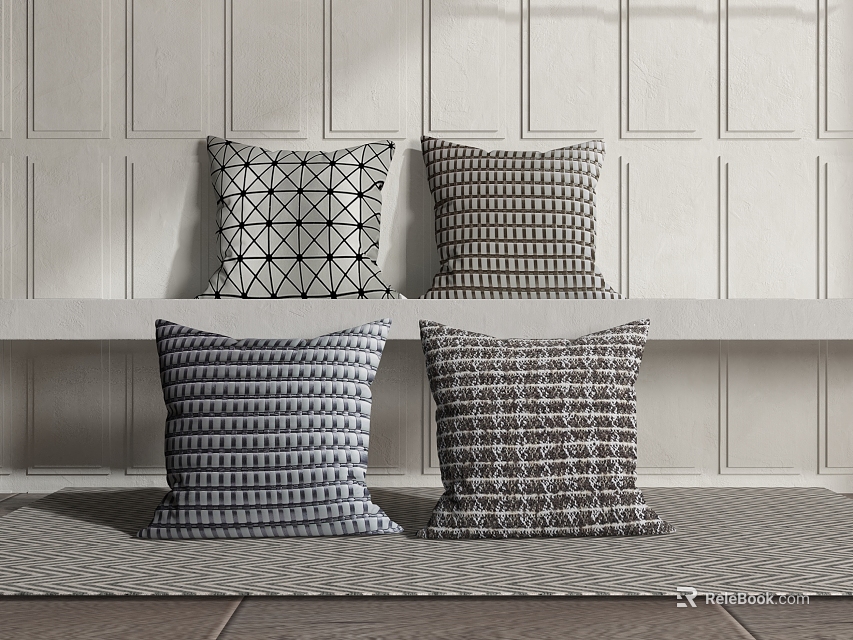 Geometric Pattern Throw Pillows on White Paneled Wall Shelf with Textured Rug 3d model 