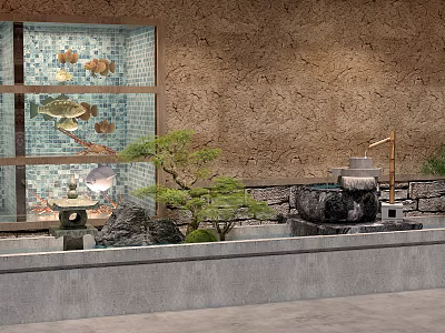 Serene Japanese Garden Landscape With Rockery Small Fountain Green Plants And Stone Wall 3d model