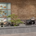 Serene Japanese Garden Landscape With Rockery Small Fountain Green Plants And Stone Wall