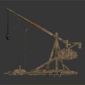 Ancient Medieval Weapon Wooden Catapult With Hanging Arm Stone Projectile And Support Frame