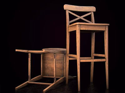 Wooden Bar Stools Featuring Cross Back High Leg Design And Foldable Small Tabletop 3d model