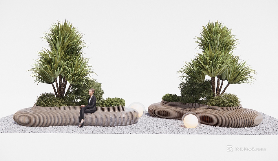 Landscape Seating Surrounded by Green Plants Tall Trees and Low Shrubs on Pebble Ground 3d model 