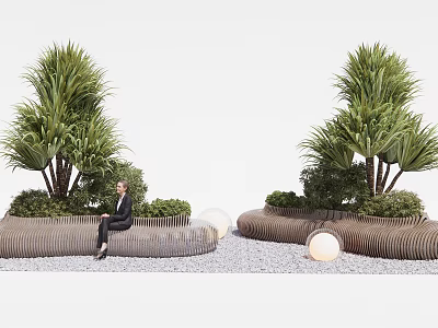 Landscape Seating Surrounded by Green Plants Tall Trees and Low Shrubs on Pebble Ground 3d model