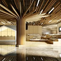 Modern Reception Area With Wooden Paneling Ceiling Lights Polished Floor And Large Windows