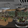 Chinese Specialty Store Interior Featuring Hanging Lanterns Wooden Shelves Green Plants And Round Counters