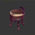 Carved Wooden Leg Stool With Round Colorful Embroidery Seat And Decorative Accent