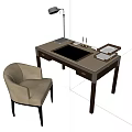 Modern Wooden Desk Setup With Comfortable Chair Table Lamp And Storage Drawers