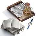 Elegant Decorative Item Set with Wooden Tray Glass Kettle Cups Books Glasses and Watch