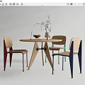 Modern Round Wooden Table and Colorful Chair Set with Vase Fruit Bowl and Laptop
