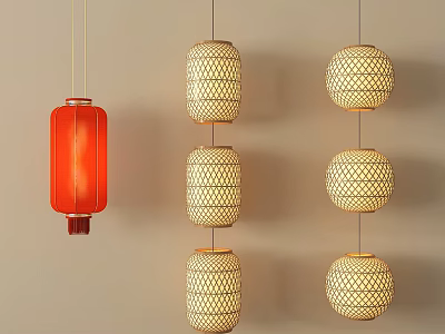 Traditional Red Lantern And Woven Lanterns Hanging On Beige Wall 3d model
