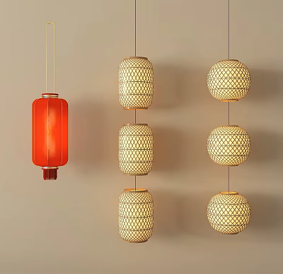 Traditional Red Lantern And Woven Lanterns Hanging On Beige Wall 3d model