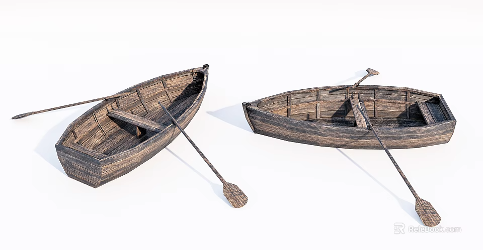 Two Rustic Wooden Rowboats With Oars And Classic Wooden Structure 3d model 