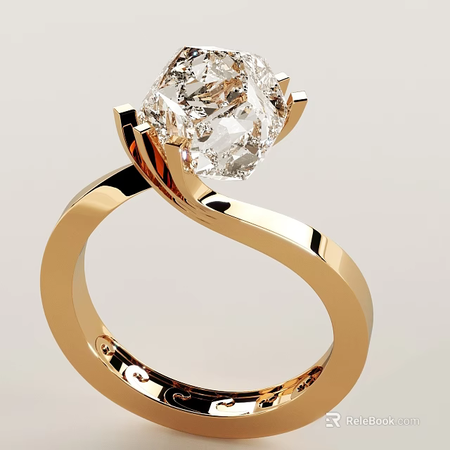 Elegant Gold Ring Featuring Large Diamond Center 3d model 