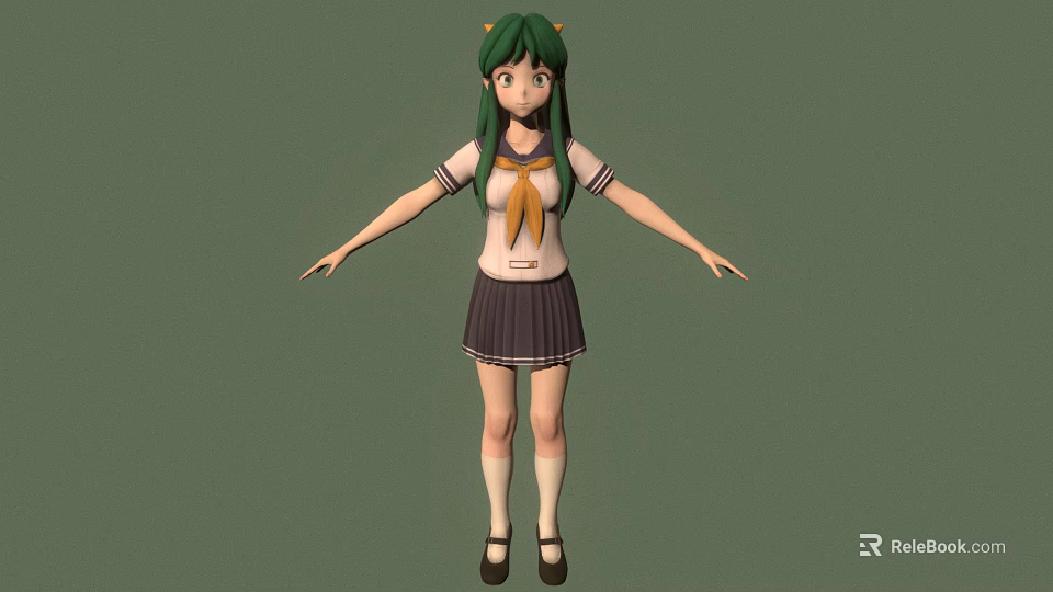 3D School Girl Character With Green Hair Green Eyes In Uniform Standing With Arms Outstretched 3d model 