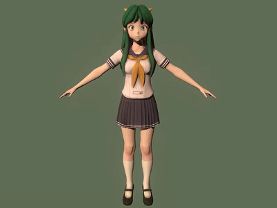 3D School Girl Character With Green Hair Green Eyes In Uniform Standing With Arms Outstretched 3d model