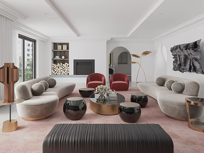 Modern Living Room With Beige Curved Sofa Red Armchairs Fireplace Abstract Art And Pink Carpet 3d model
