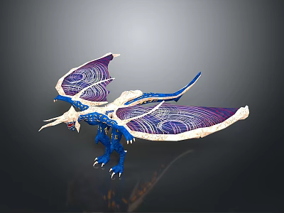 Blue Purple Dragon with Artistic White Patterned Wings Detailed Design on Dark Background 3d model