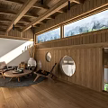 Minimalist Hotel Room Featuring Wooden Loft Circular Windows Staircase And King Bed