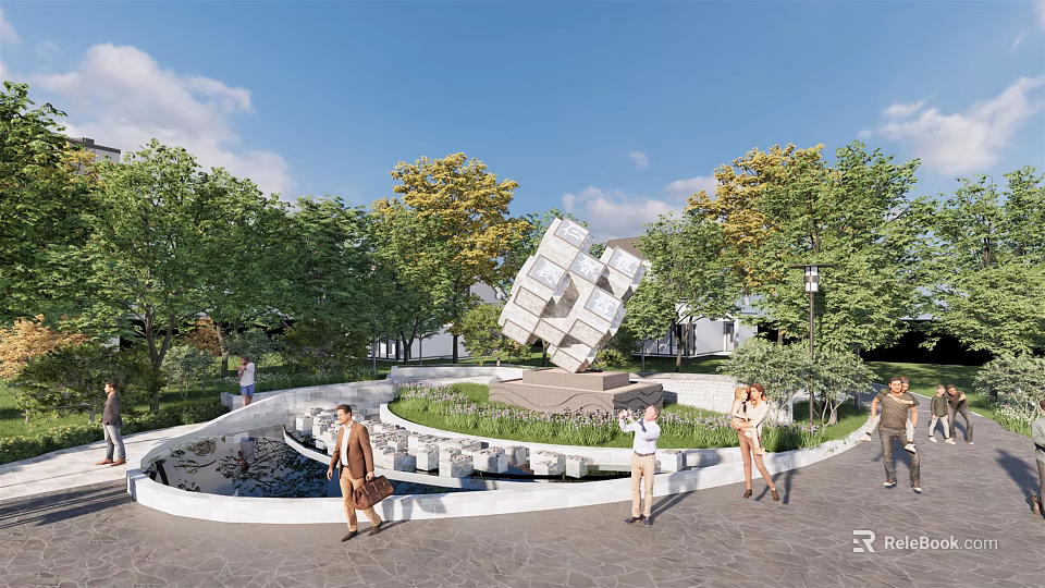 Modern Landscape Sculpture with Stacked White Cubes in Park Surrounded by Green Trees and People 3d model 