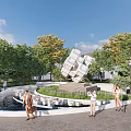 Modern Landscape Sculpture with Stacked White Cubes in Park Surrounded by Green Trees and People