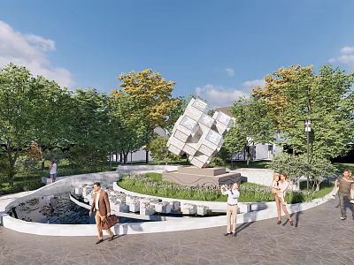 Modern Landscape Sculpture with Stacked White Cubes in Park Surrounded by Green Trees and People 3d model