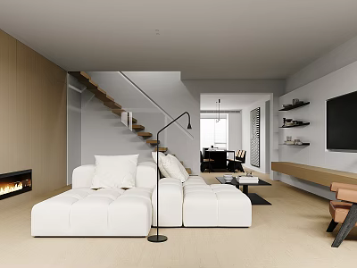 Modern Open Living Dining Room Interior With White Sofa TV Fireplace And Wooden Stairs 3d model