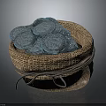 Blue Decorative Coins Filled in Brown Burlap Sack on Dark Background