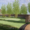 Scenic Landscape Bridge With Winding Wooden Structure Among Green Bamboo Groves And Grassland