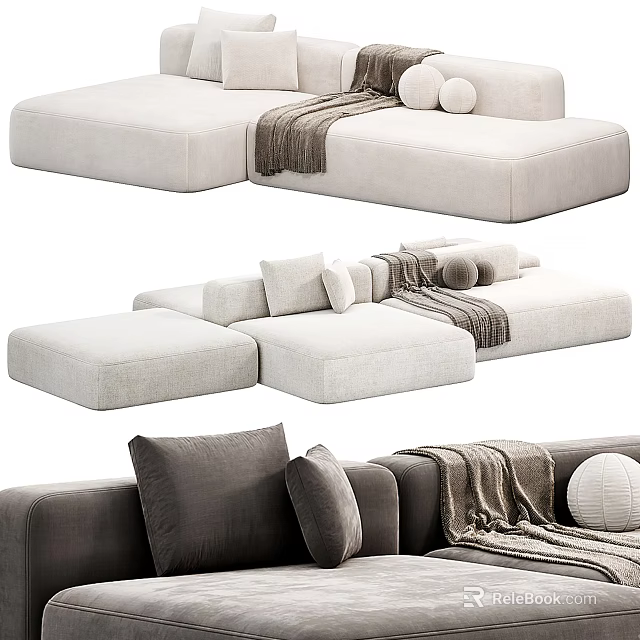 Comfortable Modern Sectional Sofa With Plush Pillows Soft Throw Blanket And Round Cushions 3d model