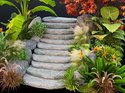 Stone Steps Surrounded By Lush Green Plants And Red Leaf Foliage 3d model