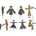 Rural Agricultural Equipment Showcasing Multiple Scarecrow Designs And Traditional Tools