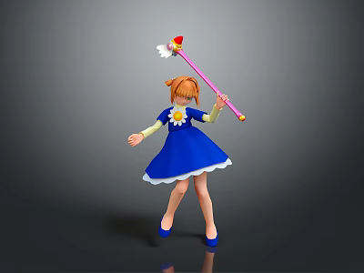 Anime Girl Character Creature With Orange Hair Blue Dress Yellow Flower And Pink Magical Wand 3d model